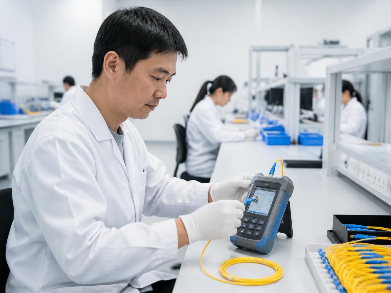 Technician measuring insertion loss on a fiber optic patch cord in a test lab
