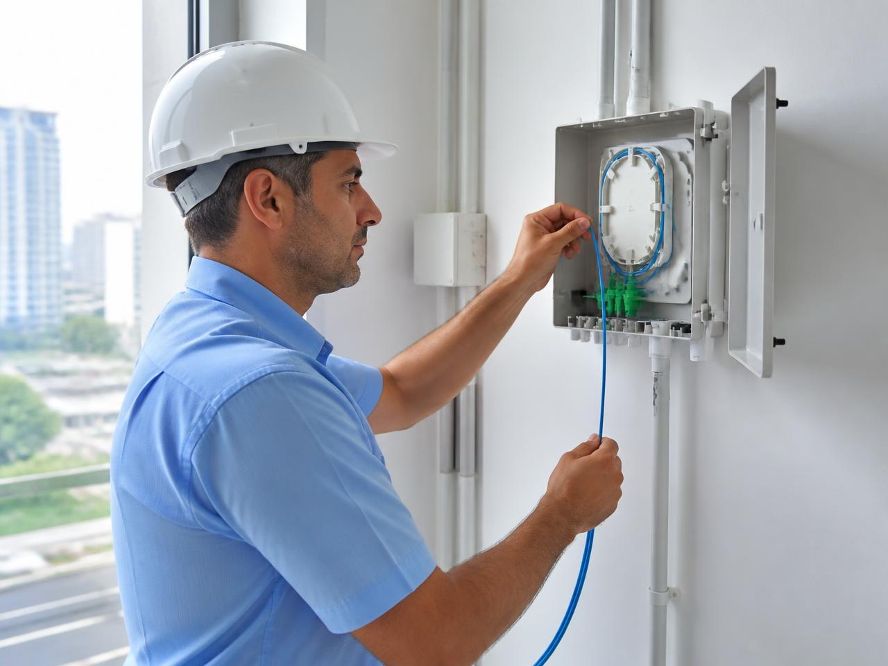 Installer routing a pre-terminated fiber optic cable into a wall enclosure